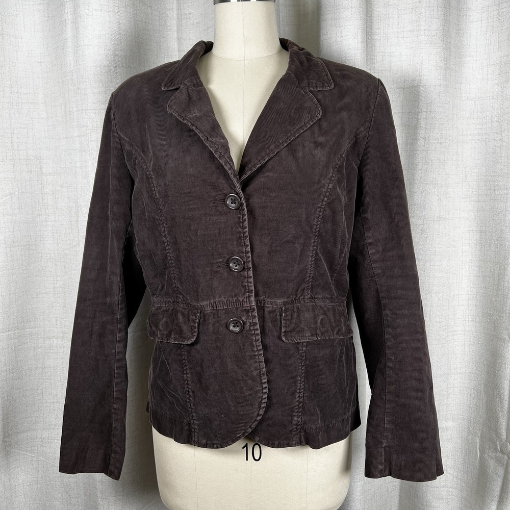 H&M LOGG Brown Corduroy Blazer Jacket Size 14 Casual 3 Button Lined Nipped Waist